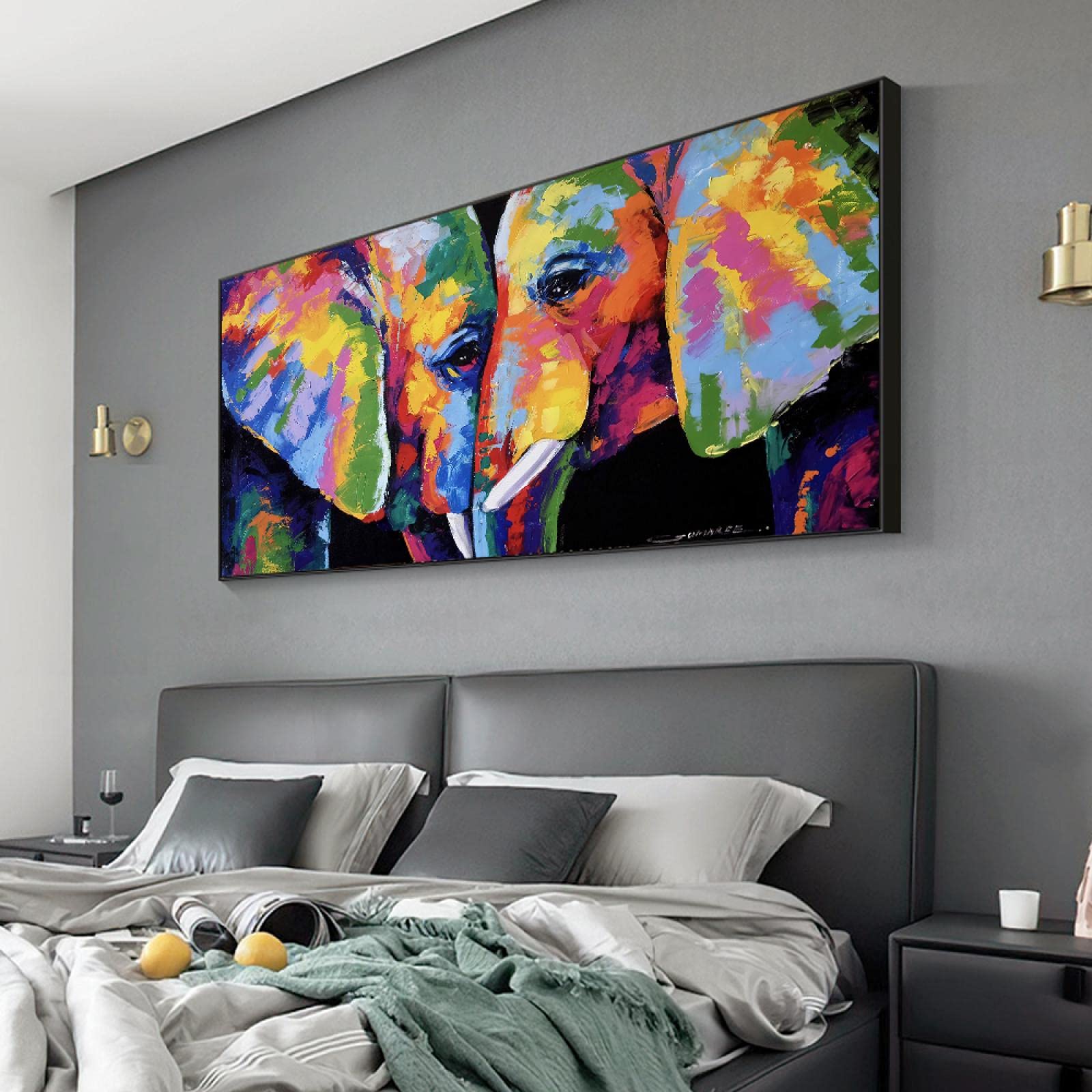 Amazon｜抽象的な2つのカラフルな象のキャンバスの絵画の壁の芸術の